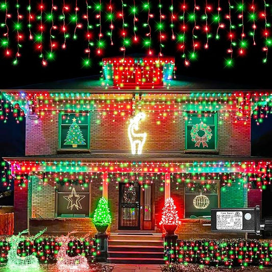 Icicle Lights for Outside, 33FT 400 LED Christmas Lights Outdoor with Waterproof 8 Modes, Plug in Connectable String Twinkle Light for Indoor Roof Window Garden Fence Party Decorations, Red Green