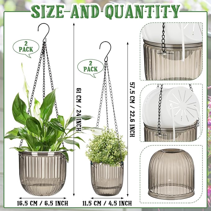 Maxcheck 4 Pcs Self Watering Hanging Planters Indoor 6.5'' 4.5'' Hanging Flower Pots Baskets Outdoor Self Watering Hanging Plant with 3hooks Drainage Holes for Home(Gray)