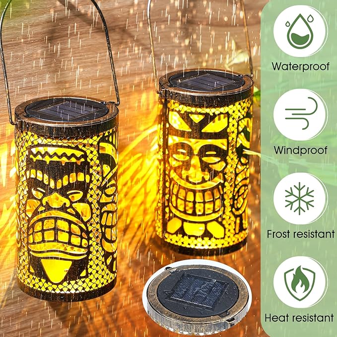 2 Pack Tiki Solar Lanterns Tiki Bar Light Decor Outdoor Waterproof Gifts for Women Men Hanging Lantern Metal Hollowed Out Decor for Summer Garden Patio Lawn Porch Festival Party