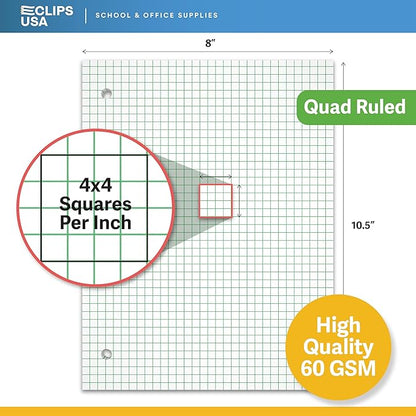 Loose Leaf Graph Paper (6 Pack), 4 x 4 An Inch Quad Ruled Graph Paper, 10.5” x 8” Graphing Paper, 100 Per Sheets Per Pack, 60 gsm (6 Pack)