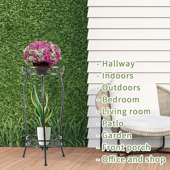Plant Stand Indoor Outdoor 2 Tier 27" Tall Metal Potted Holder Rack Flower Pot Stand Heavy Duty Plant Shelf Rustproof Iron Multiple Plant Round Supports Rack for Planter Corner Garden Balcony Patio