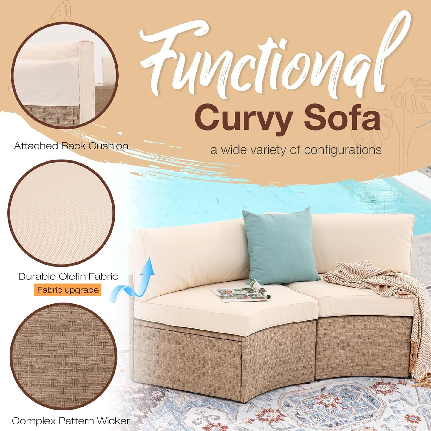 SUNSITT Outdoor Patio Furniture 11-Piece Half-Moon Sectional Round Patio Furniture Set Curved Outdoor Sofa with Tempered Glass Round Coffee Table, 4 Pillows, Natural Color Rattan