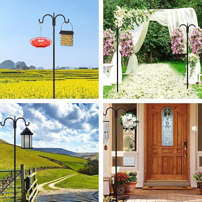 FEED GARDEN Adjustable Double Shepherds Hook for Outdoor with 5 Prong Base 63 Inch Heavy Duty Two Sided Bird Feeder Pole for Hanging Plant Baskets, Solar Light Lanterns, Wind Chimes