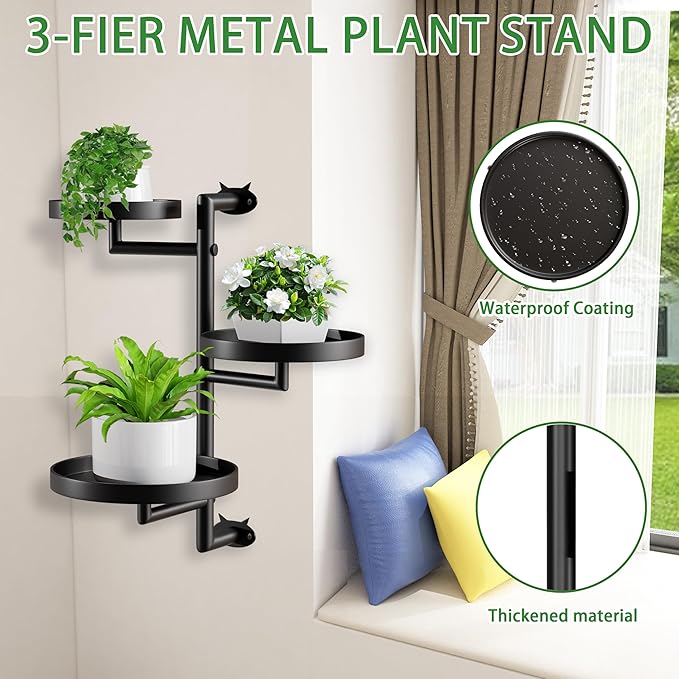 Rotating Window Plant Stand Indoor,3-tier Metal Plant Stand,Wall Plant holder,Window Plant Shelf for Multiple Plants indoors,Window Sill Gifts for Plant Lovers to Enhance Home Decor