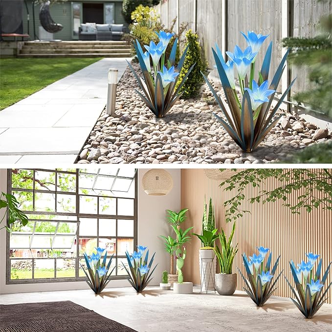 Homight Metal Agave Plant Outdoor Decoration Outdoor Garden Decoration Lily Mexican Yard Art Plant Garden Agave Lily Decorative Garden Gift… (3 Big Blue Lilies) (HM-390-345)