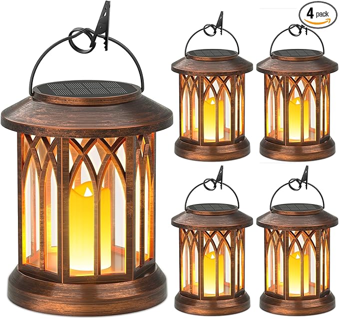 KOOPER 4 Pack Solar Lantern Outdoor Lights, Hanging Solar Lanterns Outdoor Decorative, Lanterns LED Flickering Flameless Candle Mission Lights for Yard Table Garden Decor