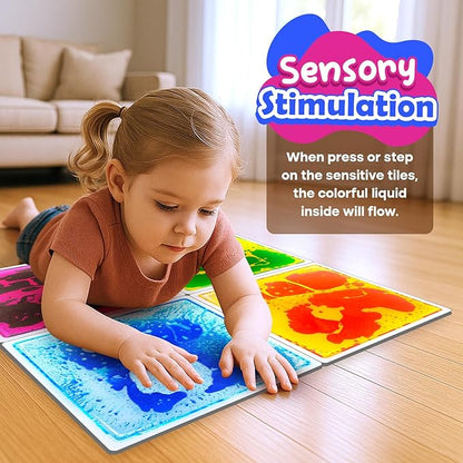 Sensory Floor Tiles for Kids Toddlers: 12"x12" Liquid Sensory Mats Puzzle Pads, Colorful Autism Sensory Play Mat for Dancing Stepping Lava Tile Games, Daycare Sensory Room Preschool Must Have(4 Pack)