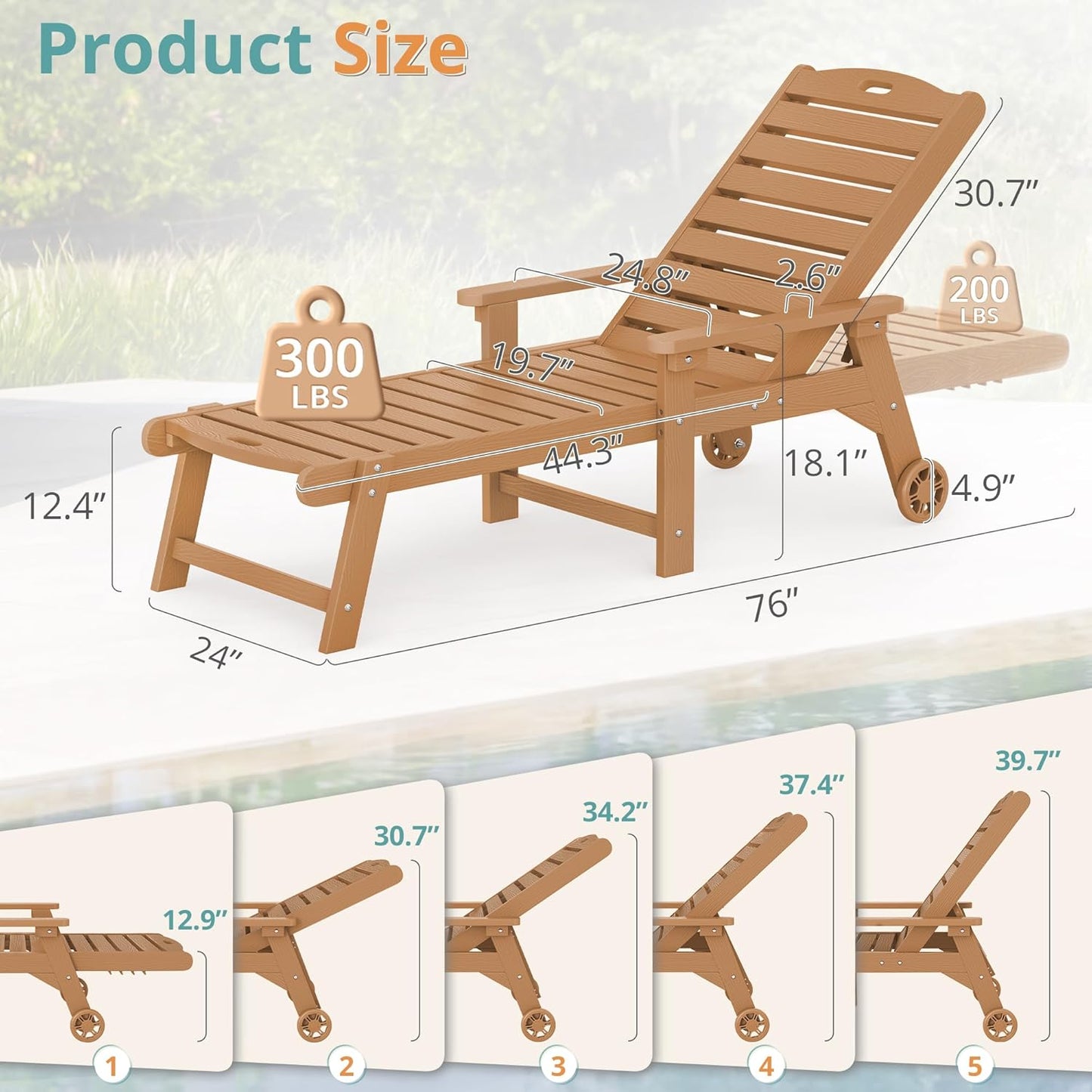 LUE BONA Chaise Lounge Chairs Set with Table, 3-Piece, HDPS Chaise Lounger, 5 Positions Adjustable Lounge Chairs, Pool Lounge Chair with Wheels for Poolside, 3 Year Warranty, Teak Color