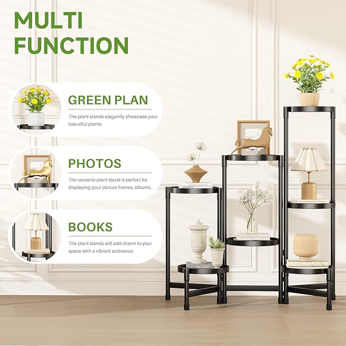 7-Tier Metal Plant Stand Indoor, Foldable Corner Plant Shelf Outdoor, Rotatable Tiered Flower Display Stand, Black Multiple Plants Holder for Patio Living Room Balcony Garden Home Decor