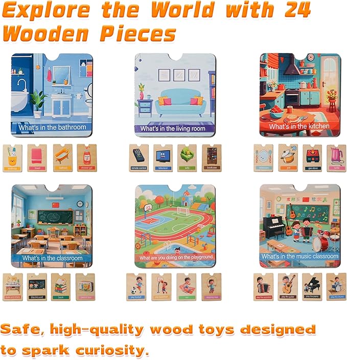 Wooden Peg Puzzle for Toddlers, Educational Peg Puzzles Montessori Toys, Scene Matching Preschool Education Learning Puzzle Toys for Gifts for 2 3 Years Boys Girls