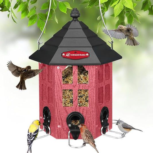Kingsyard Wild Bird Feeder for Outdoor Hanging, Recycled Plastic Bird Feeders with 6 Ports & U-Shape Perch, Garden Yard Outside Decoration, 3.5 lbs Seed Capacity, Red