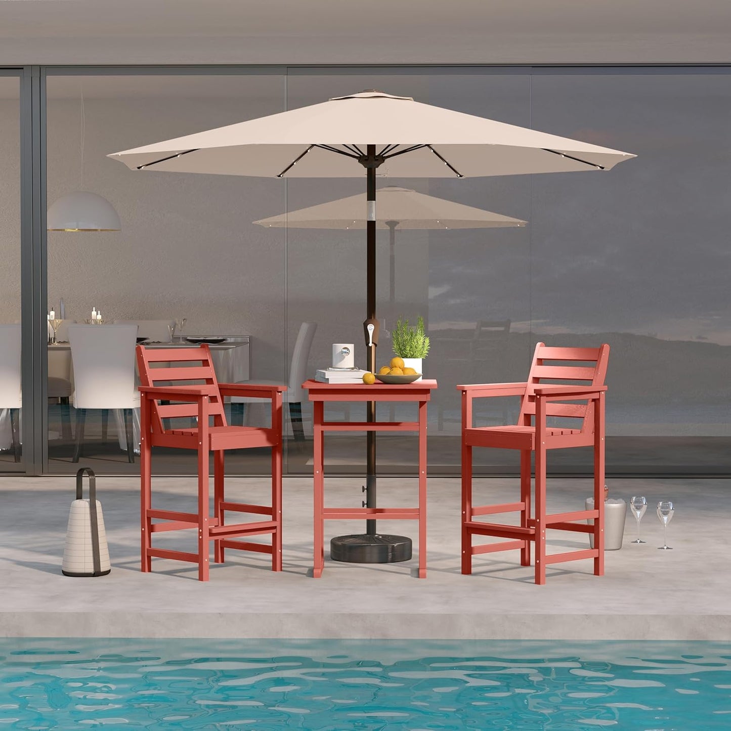 3-Piece Outdoor Bar Set with Beige 9FT Patio Umbrella, HDPE Tall Balcony Adirondack Chairs and Table, All-Weather Outdoor Bar Stools for Patio (Terracotta)