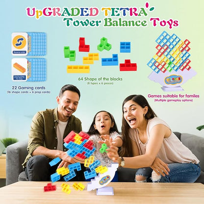 64Pcs Tetra Tower Game, Family Board for 2 Players Family Games, Building Blocks Stacking Balance Games Toys for Kids, Adults, Friends, Classroom, Family and Travel Party