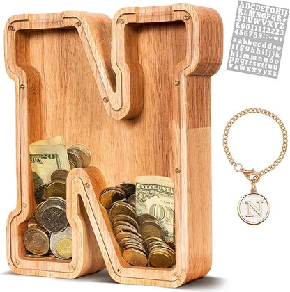 KMC Wooden Letter Piggy Bank, Personalized Initial Piggy Bank for Kids Boys, Clear Alphabet N Wood Money Box, Unbreakable Coin Saving Jar, Birthday, for Children
