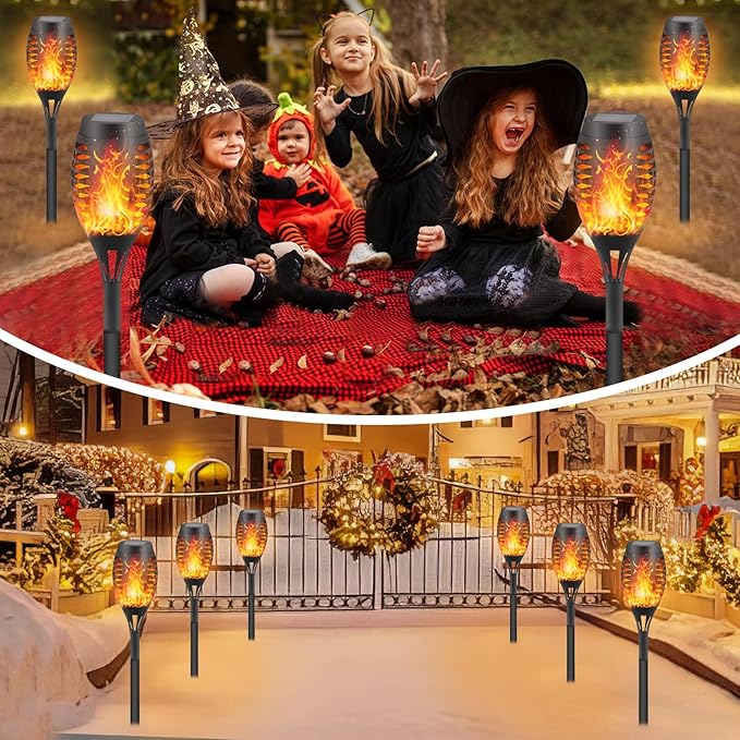 12-Pack Solar Flickering Flame Torches – Waterproof Solar Garden Lights, Outdoor Solar Lights for Yards, and Flame Torches for Patio and Pathway Decorations