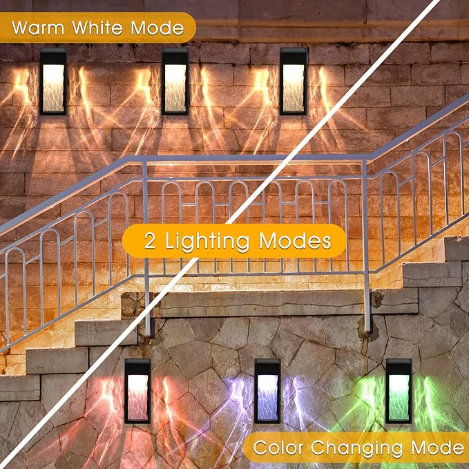 Metal Solar Lights Outdoor, 4 Pack Textured Glass Solar Fence Lights, Solar Wall Lights Outdoor Waterproof, Fence Lights Solar Powered for Yard Porch Patio Garden Decor (Warm/Color Changing)