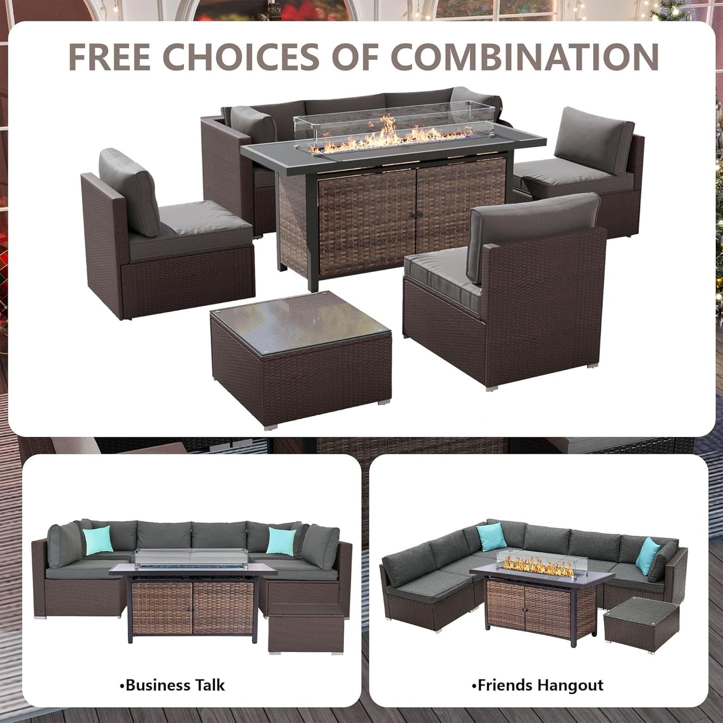 25-Pc Patio Furniture Set - 7 Piece Outdoor Rattan Sofa Set with 57" Fire Table and 17 Accessories, Modular Sofa Set for Garden/Poolside, Grey/Brown