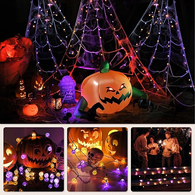 2 Pack Solar Lights Outdoor Waterproof, Total 72ft 120 LEDs Crystal Globe with 8 Modes, Solar Powered String Lights for Outside, Patio Garden Backyard Christmas Wedding Party Decor (Purple and Orange)