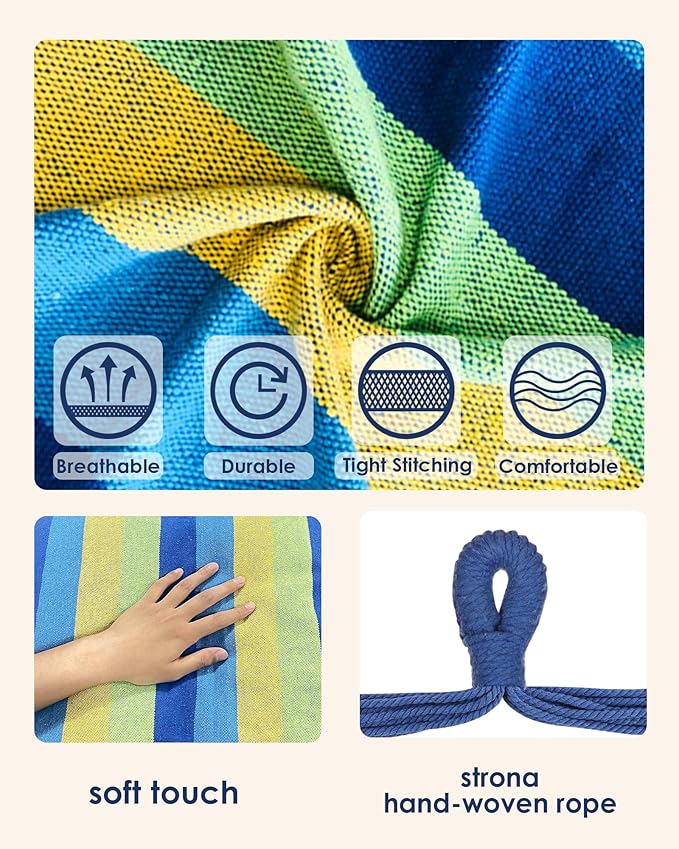 Highwild Hammock Chair Hanging Rope Swing - Max 500 Lbs - Steel Spreader Bar with Anti-Slip Rings - for Any Indoor or Outdoor Spaces (Blue Striped)