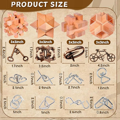 Rileryan 16 PCS Wooden Metal Brain Teasers for Adults 3D Brain Teasers Wooden Cube