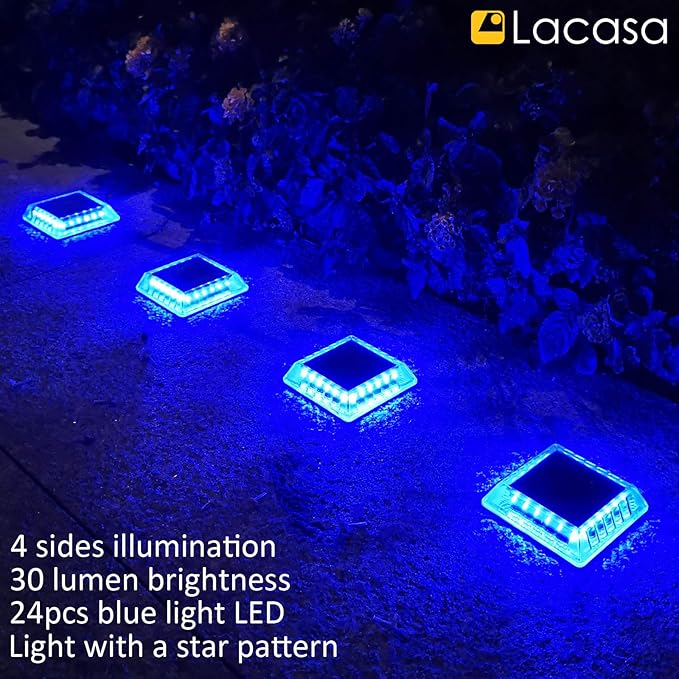 Lacasa Solar Deck Lights, 4 Pack 30LM LED Dock Lights Blue Light, Outdoor Solar Powered Step Lights Light up All Night IP68 Waterproof Auto ON/Off for Garden Stairs Driveway Pathway Lighting