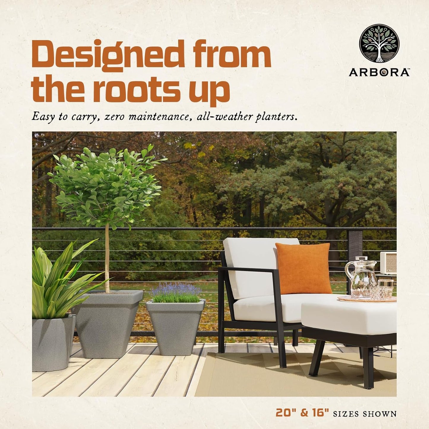 ARBORA 20" Mykonos Square Polyresin Indoor and Outdoor Planter with Stone Blend Concrete Finish - Durable, Weatherproof, Lightweight, Large Plant Pot for Patio, Garden, Deck, Entryway