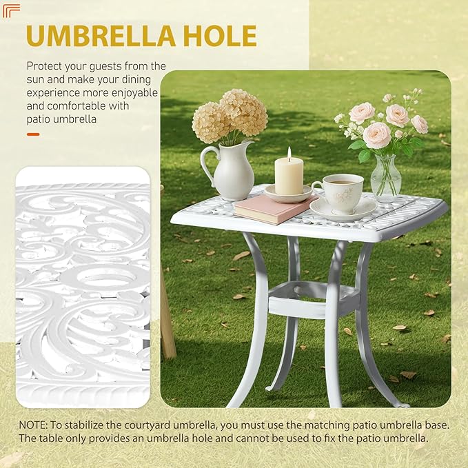 Outvita Patio Side Table, 21.3in Outdoor Square Cast Aluminum Bistro Table with Umbrella Hole and Antique Design for Backyard Porch Pool Balcony Deck White