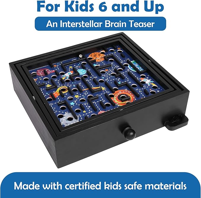 'STERLING Games Wooden Labyrinth Space Shuttle Theme Tilt Maze Game with Marble Ball and 60 Waypoints for 6 Years Up, 13.5" x 13" Board