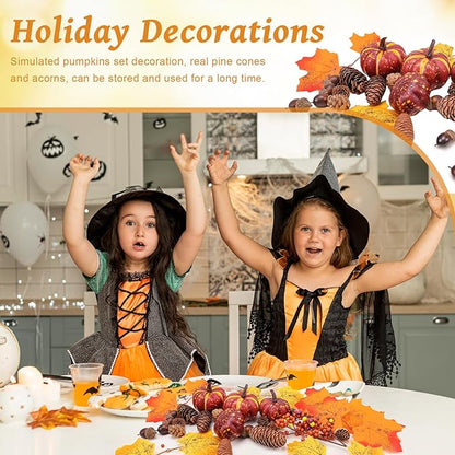 30 Pcs Artificial Pumpkins Set Fall Decorations with Maple Leaves Pine Cones Acorns Berries Assorted Fake Pumpkin for Thanksgiving Halloween Autumn Harvest Home Table Decor
