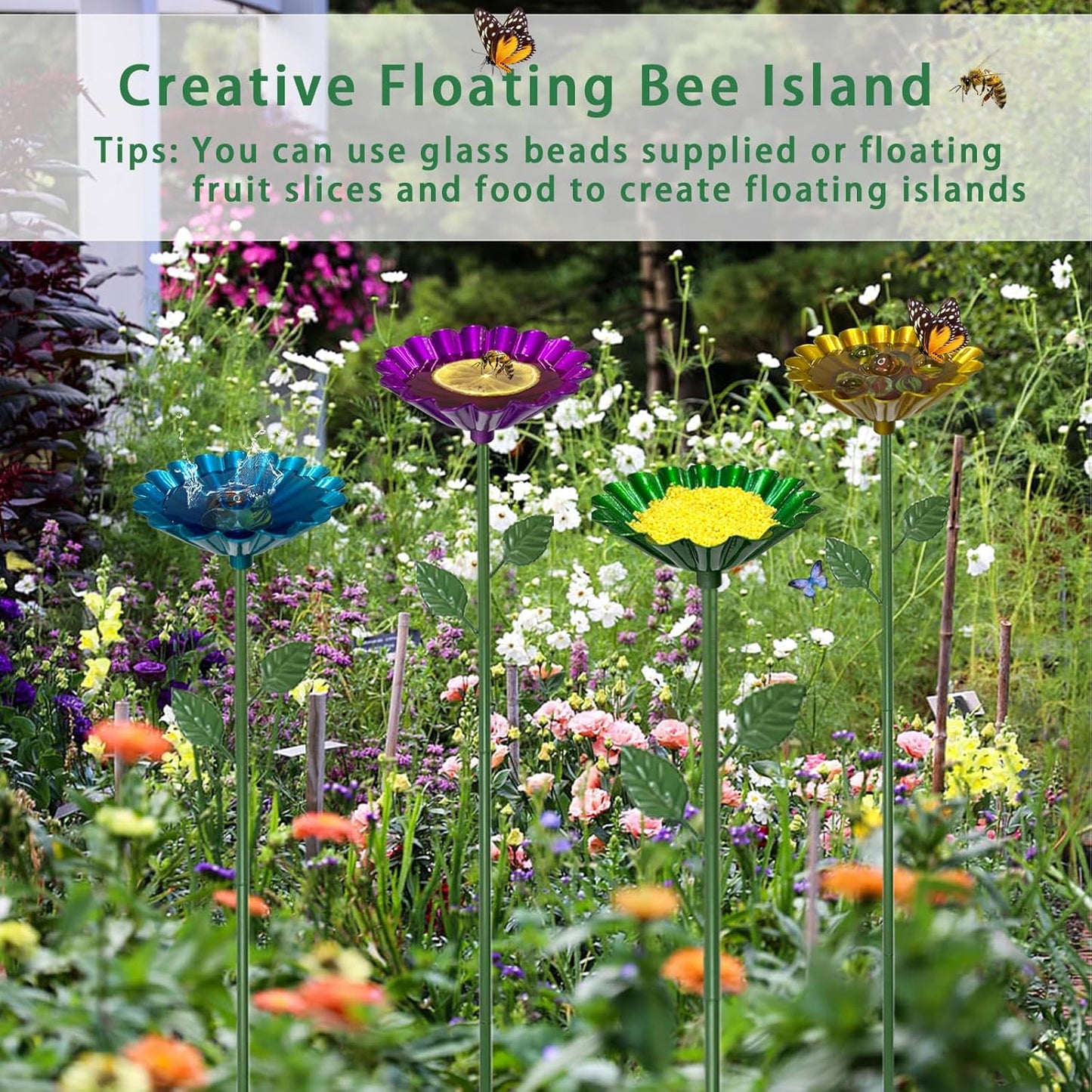 Bee Watering Station for Garden with 20 Marbles,Butterfly Watering Station for Outdoor Decor in Flower Design,Water Feeder to Attract Pollinators(Red,Green,Blue,Yellow)