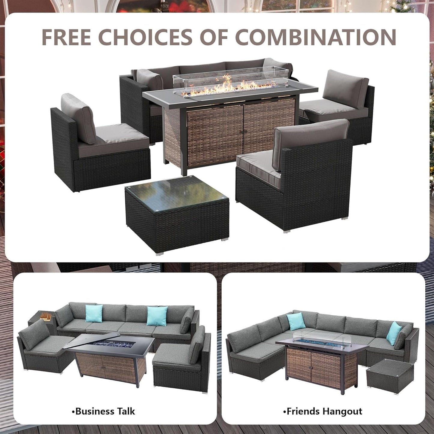 25-Pc Patio Furniture Set - 7 Piece Outdoor Rattan Sofa Set with 57" Fire Table and 17 Accessories, Modular Sofa Set for Garden/Poolside, Grey/Black