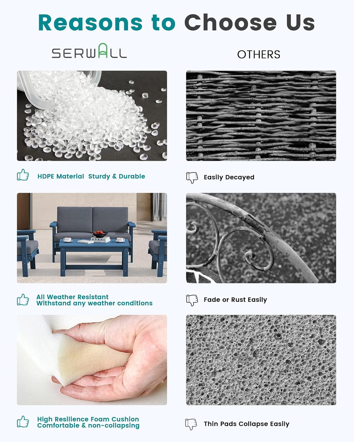 SERWALL Outdoor Patio Furniture Set, 5 Piece HDPE Patio Conversation Sets, All-Weather Wood-Like Outdoor Couch Loveseat and Coffee Table with Thick Cushions for Porch Balcony Garden Backyard