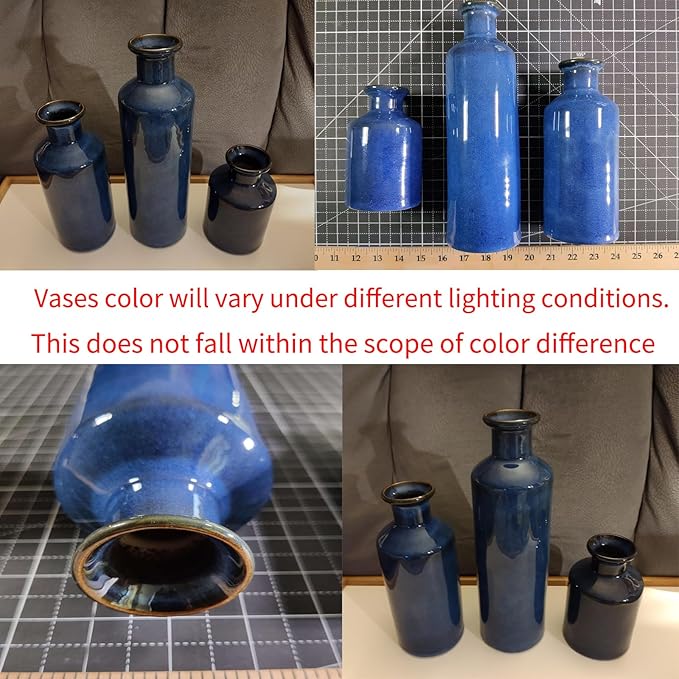 Blue Ceramic Vase Set of 3,Home Decorative Flower Vase,Small vase Set for Farmhouse Living Room Bedroom Tabletop Decor,Office Bookshelf Centerpiece Entrance Decoration