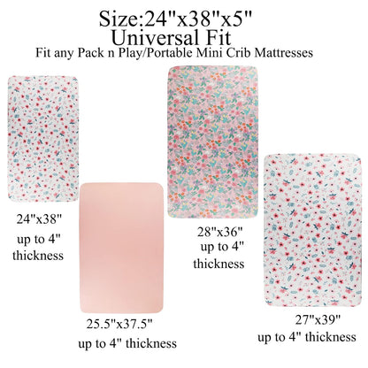 Pack n Play Sheet Stretchy Fitted Portable Mini Crib Sheets Set 3 Pack,Playard Sheets Convertible Playard Mattress Cover,Ultra Soft Jersey Material,Floral,Grey Rabbit & Pink