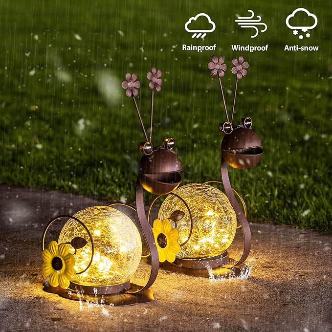 Solar Snail Garden Lights - 2 Pack Cracked Glass, Warm White Metal, Waterproof for Patio Yard Lawn