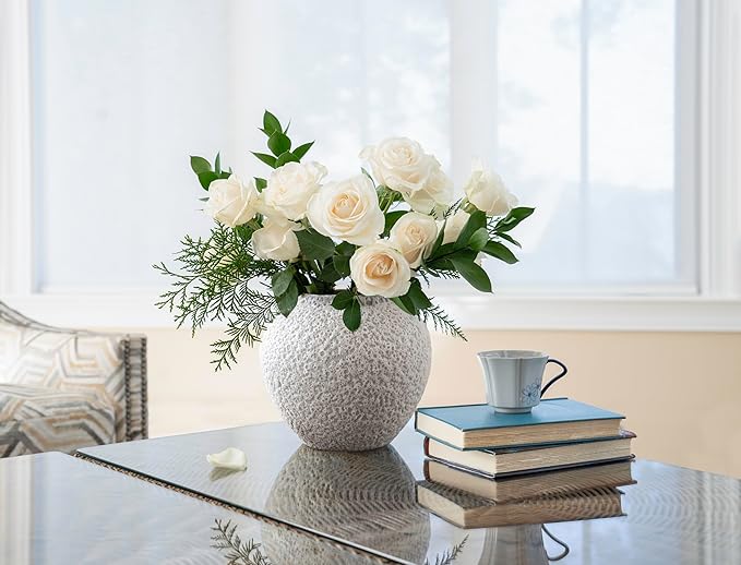 White Ceramic Vase Flower Vase, Big Textured Round Vase for Centerpieces, Kitchen, Living Room, Bedroom Decor Gifts