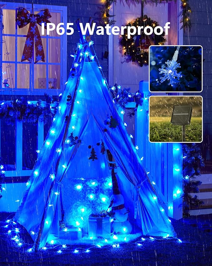 Solar Christmas Snowflake String Lights 2-Pack 100 LED 78FT Outdoor Waterproof Fairy Lights with 8 Lighting Modes for Wedding, Party, Tree, Room, Garden, Patio, Yard, Home(Blue)