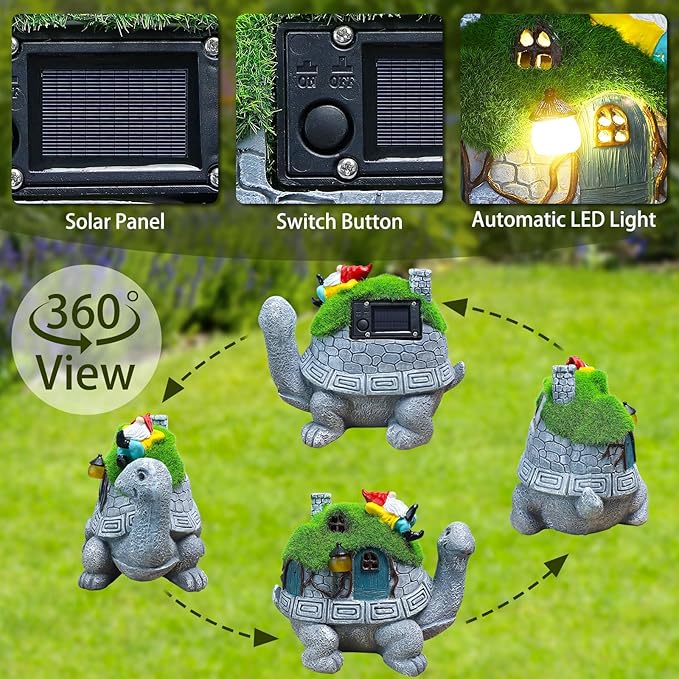 Turtle Solar Light Outdoor Garden Solar Turtle House Light Cute Turtle Garden Statue for Outdoor, Lawn Turtle with Gnome Statues Solar Light, Unique Gifts for Kindred Friend Yard Patio Decor