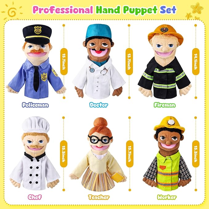 6 Pcs Role Play Hand Puppets Profession Worker Entrepreneur Plush Toys Role-Play Toy Puppets for Kids Storytelling Imaginative Pretend Play Teaching Preschool(Essential Workers)
