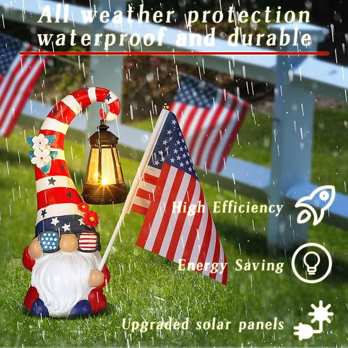 VIHOSE 11.8 Inch 4th of July Patriotic Solar Gnomes Statues USA Solar Gnome Outdoor Figurine Lights for Outside Lawn Ornaments Garden Porch Patio Balcony Yard Fourth of July Gifts for Mom Women