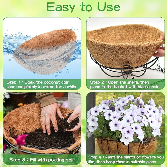 ZeeDix 2 Pack 16 Inch Metal Round Hanging Planter Basket with Coconut Liners Replacement, Hanging planters Baskets with Natural Coco Liner for Outdoor Indoor Planters Flowers Vegetables