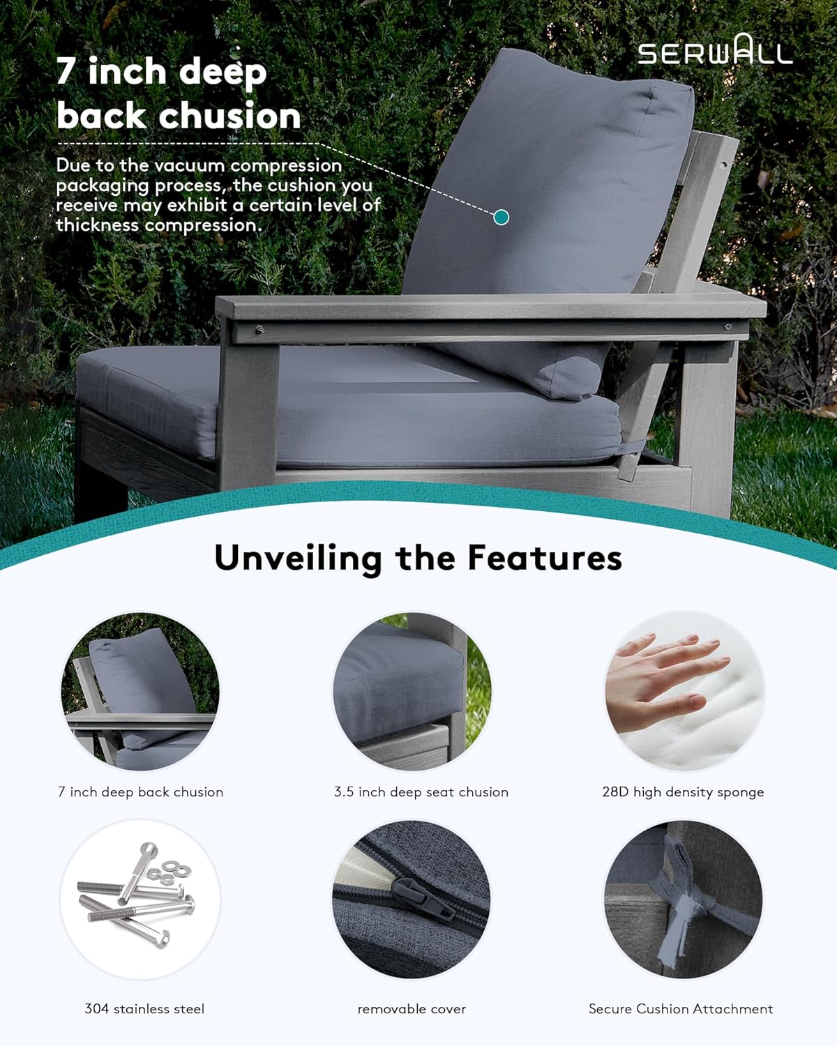 SERWALL HDPE Patio Sofa Set, 4-Piece Sectional Outdoor Furniture Set, All Weather Outdoor Couch Set Patio Furniture Set for Deck, Lawn, Grey Frame with Grey Cushion