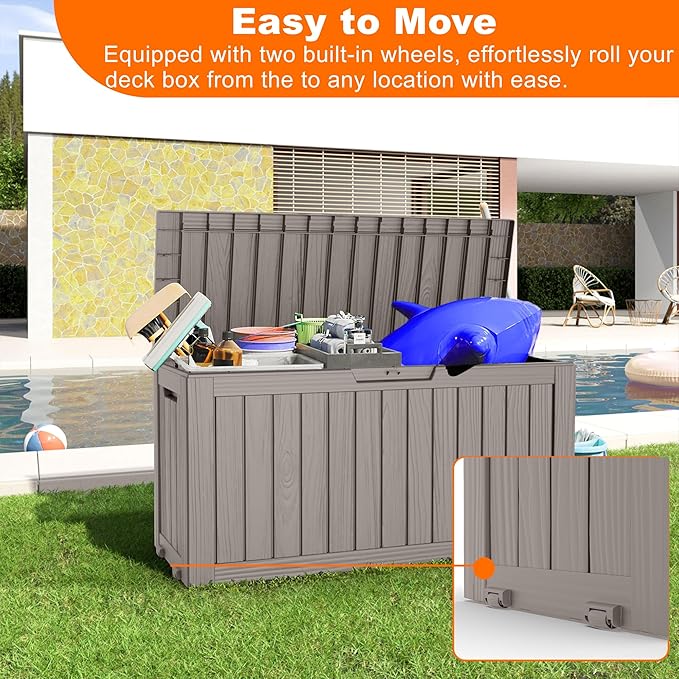 75 Gallon Resin Deck Box, Lockable Patio Outdoor Storage Box for Furniture, Garden Tools and Tools Storage, Waterproof Outside Storage Boxes - Grey