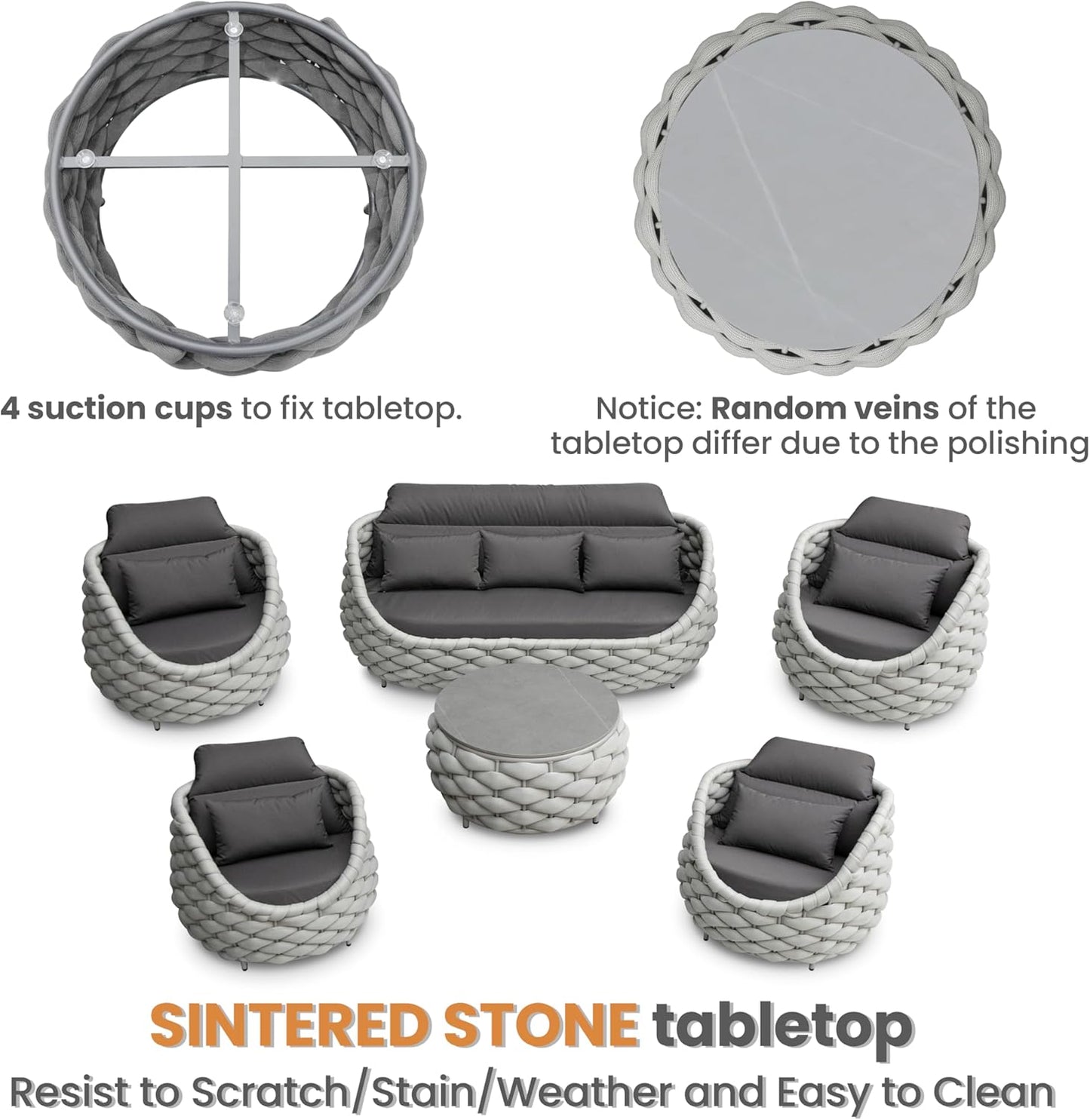 6 Pieces Rope Patio Furniture Set: Aluminum Outdoor Couch Set Cushioned - Assembled Conversation Sofa Set Modern - Metal Porch Seating for 7 Person - All Weather for Deck Garden Poolside Hotel