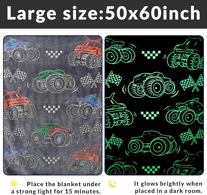 Kids Boys Truck Toys Car Blanket Gifts - Glow in The Dark Fleece Throw Blanket for Couch Bed Sofa Room Decor Birthday Christmas Easter 50" x 60"