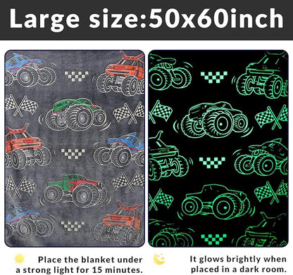 Kids Boys Truck Toys Car Blanket Gifts - Glow in The Dark Fleece Throw Blanket for Couch Bed Sofa Room Decor Birthday Christmas Easter 50" x 60"
