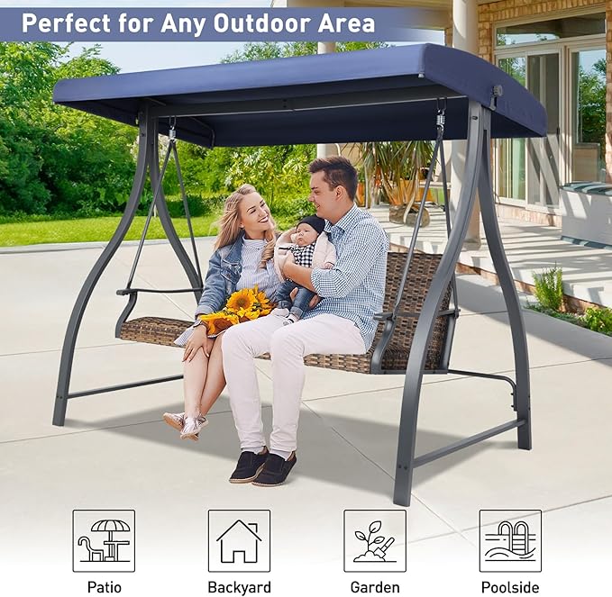 BPS 3 Seat Outdoor Porch Swing with Adjustable Canopy, PE Wicker Patio Swing Chair with Quick-Drying Foam Seat, 882 LBS Capacity, Proch Swings for Deck, Backyard, and Lawn, Dark Blue