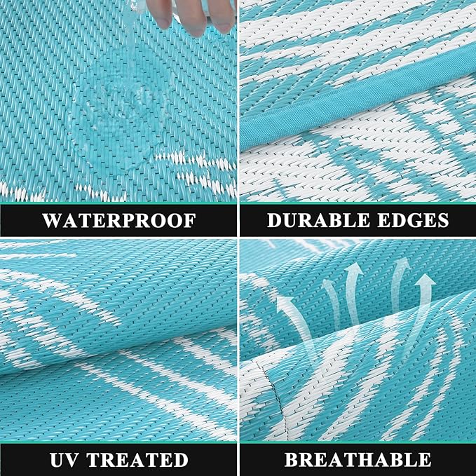 Pauwer Waterproof Outdoor Rug 8x10, Reversible Plastic Straw Patio Camping Rug, Indoor Outdoor RV Mat Carpet for Deck, Camper, Porch, Balcony, Backyard, Picnic, Leaf Teal