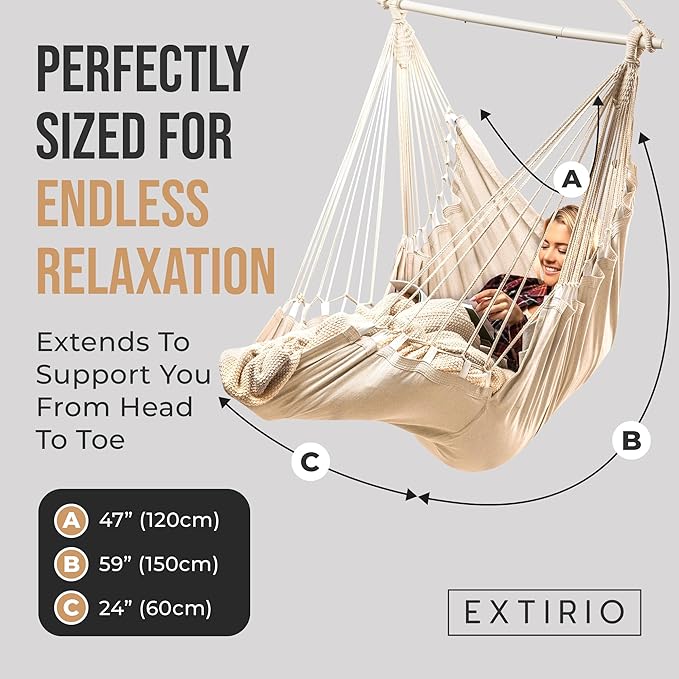Hanging Hammock Chair Swing – Hanging Chair Outdoor & Indoor - Hammock Swing Chair – Quick & Easy Setup with Hardware Kit – Durable & Spacious Full Body Support – Holds 440 Lbs
