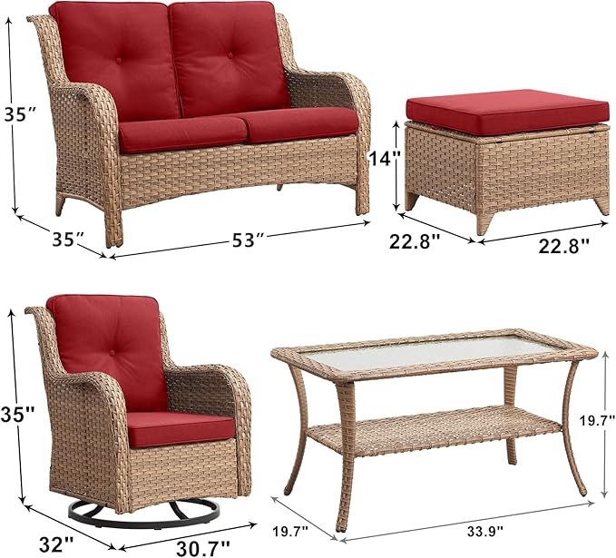 Outdoor Wicker Patio Furniture Set - 6 Piece Rattan Patio Conversation Set with 2 Rocking Swivel Chairs,2 Ottomans,1 Loveseat and 1 Coffee Table for Porch Deck Backyard Garden(Yellow/Red)